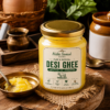 Traditional Pure Cow Ghee Display Premium pure cow ghee in a glass jar displayed on a rustic wooden kitchen counter
