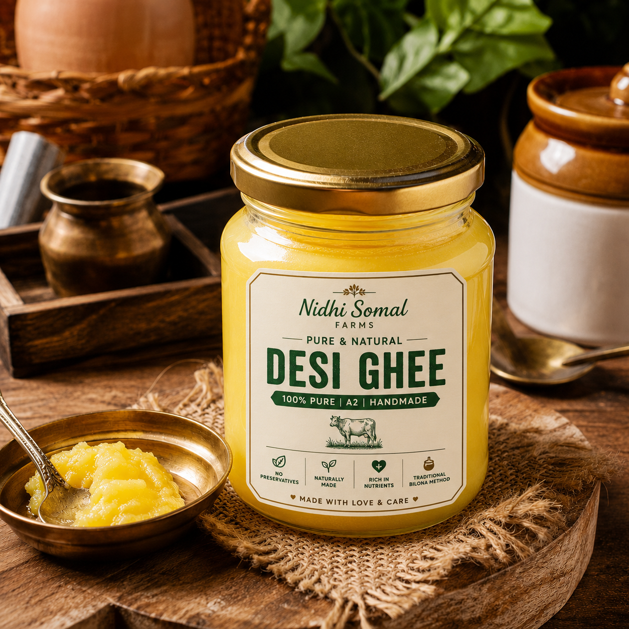Traditional Pure Cow Ghee Display Premium pure cow ghee in a glass jar displayed on a rustic wooden kitchen counter