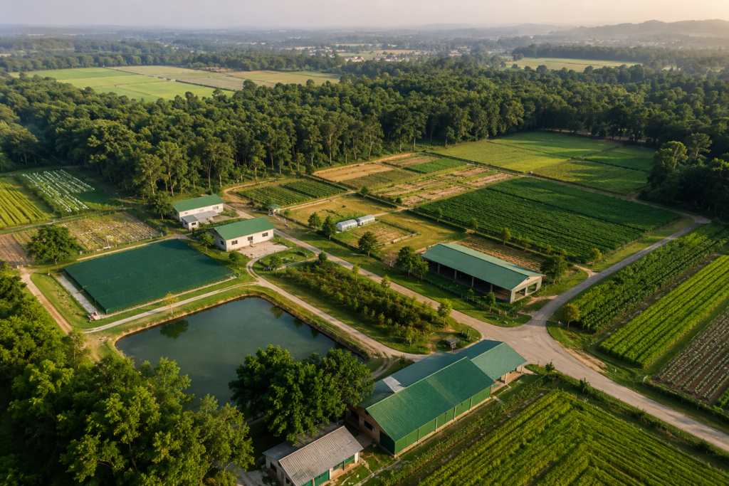 Well-organized organic farm with crop management zones, irrigation ponds, service roads, and sustainable agricultural infrastructure at sunrise