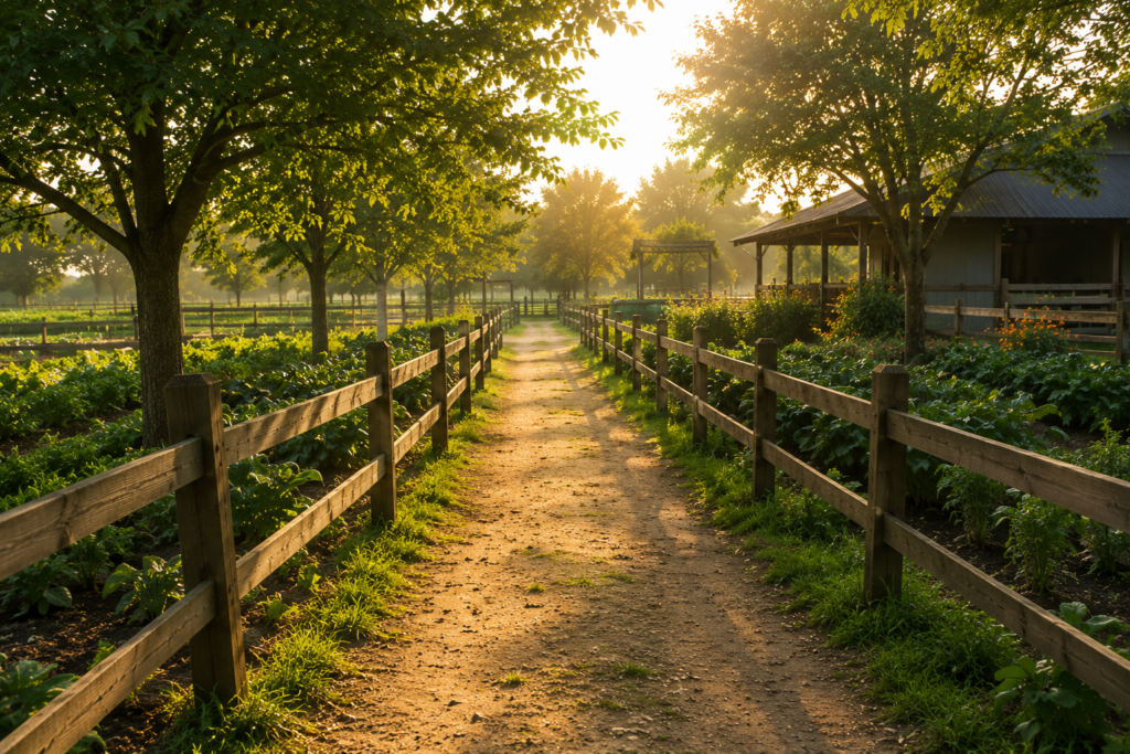 Peaceful farm pathway surrounded by trees and vegetable gardens during golden morning sunlight