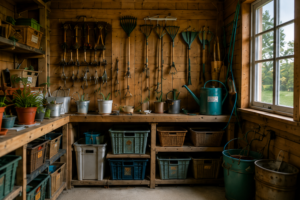 Organized farm maintenance station with gardening tools, storage shelves, and daily maintenance schedule