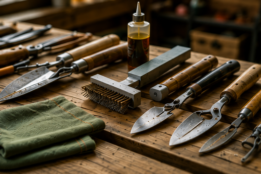 Clean and well-maintained farming tools arranged neatly on a wooden workbench