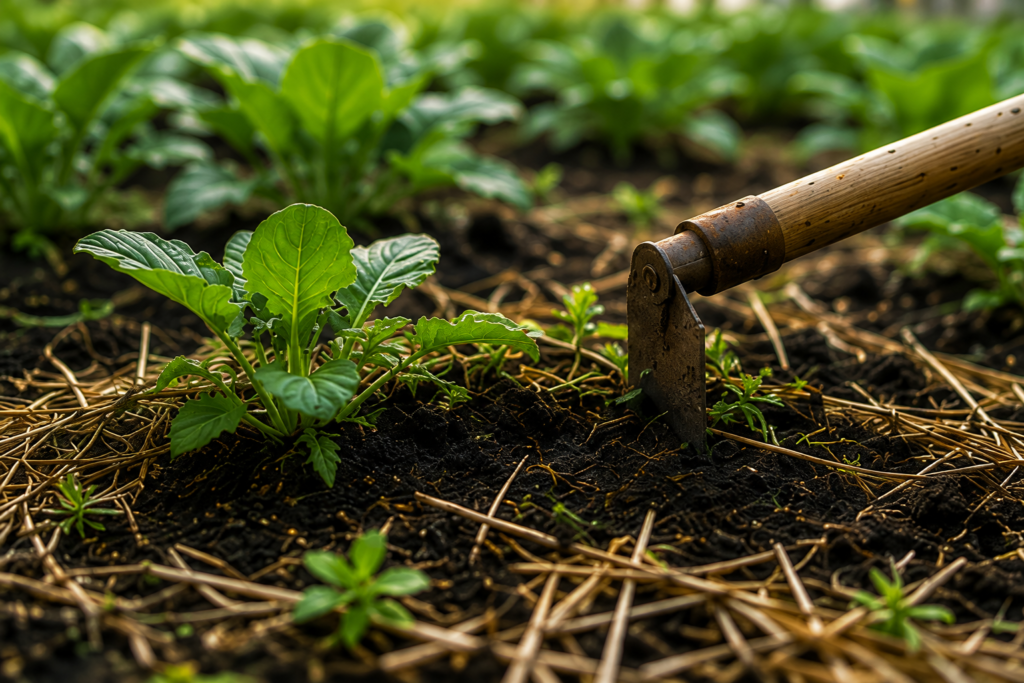Small weeds being removed from healthy organic soil using hand cultivation tools