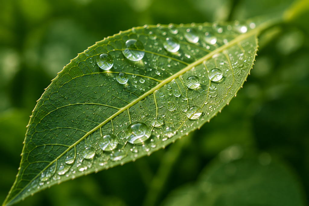Healthy green leaf with fresh morning dew showing proper plant care and hydration
