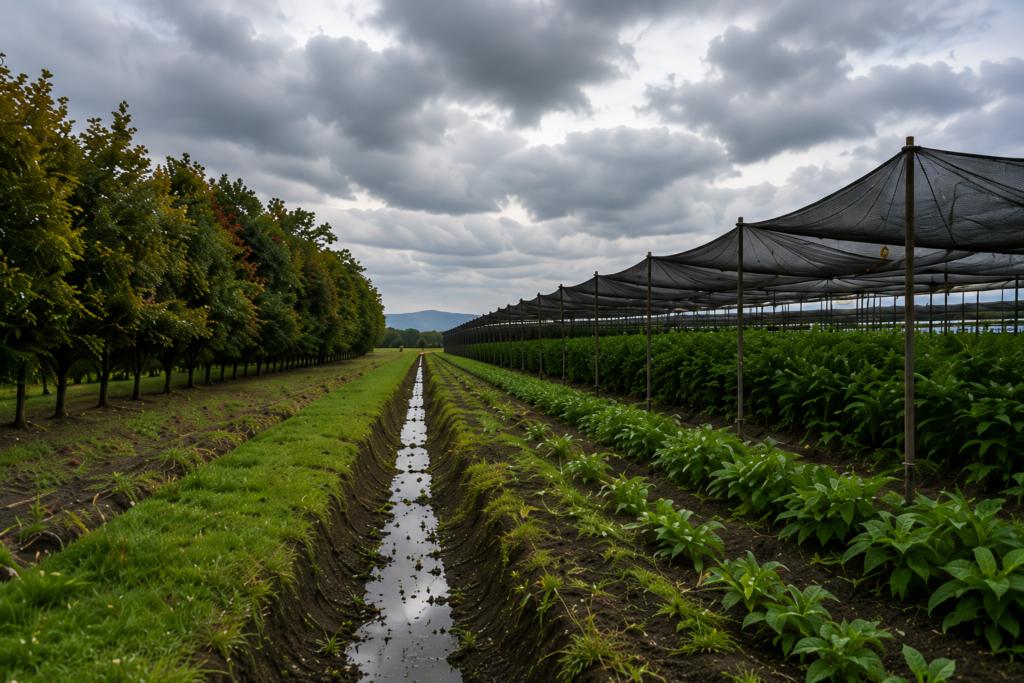 Organic farm protected with shade nets, drainage channels, and windbreak trees under cloudy skies