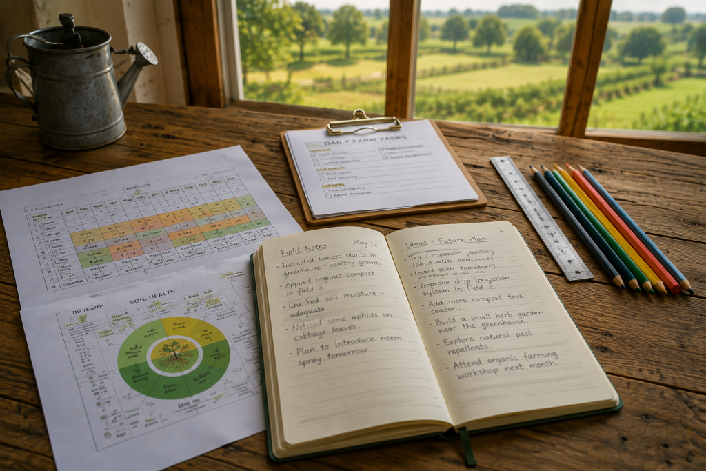 Seasonal farm planning calendar with maintenance notes, crop rotation charts, and field management documents