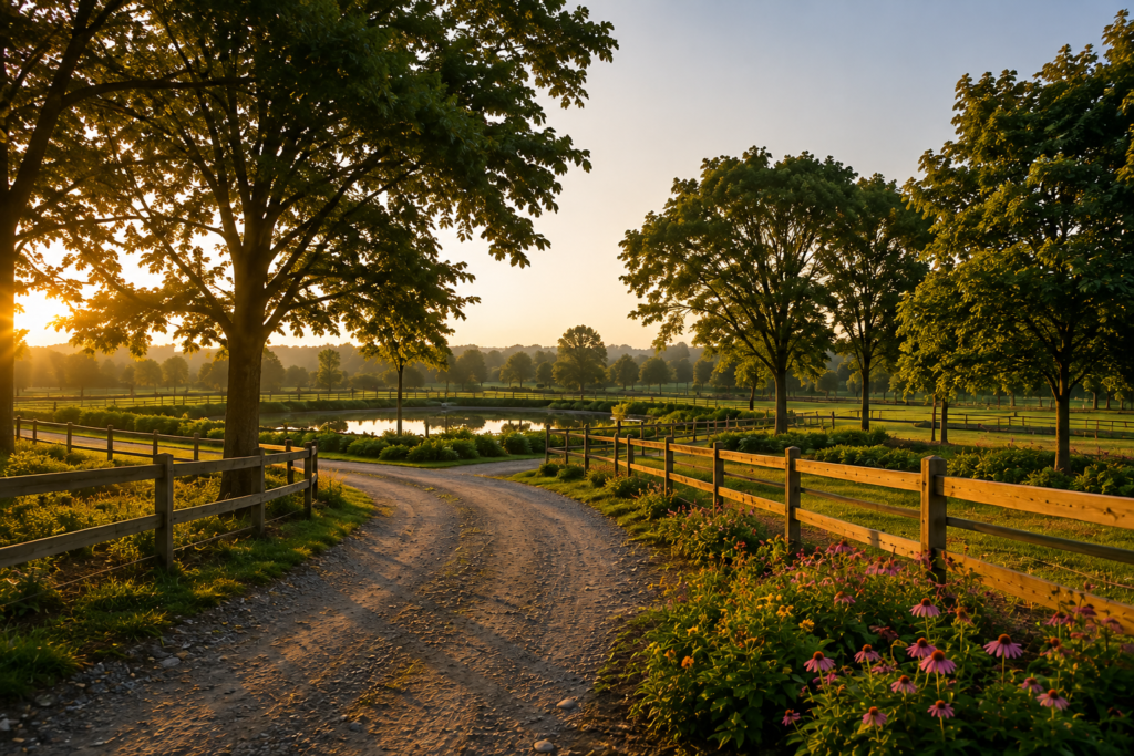 Entrance of Nidhi Somal Farms with clean pathways, natural surroundings, and responsible crop care practices