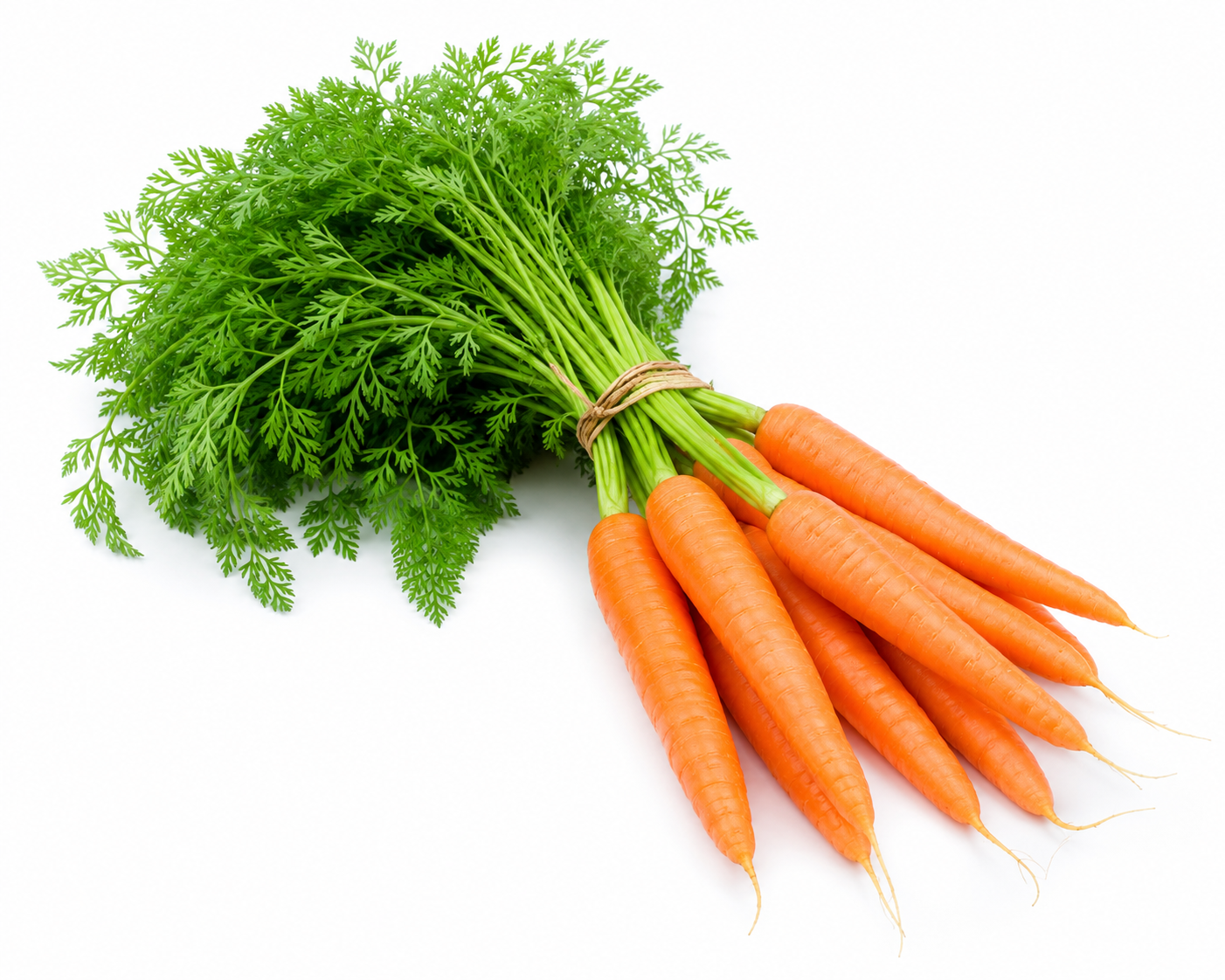 Fresh crunchy orange carrots with green leafy tops isolated on a white background.