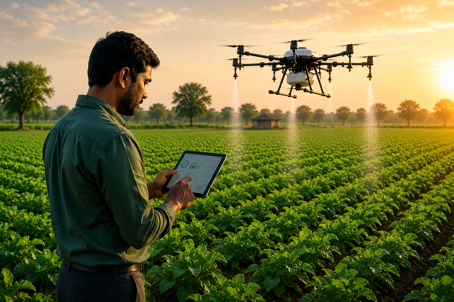 Farmer using smart farming technology and drone monitoring crops in a vegetable field.