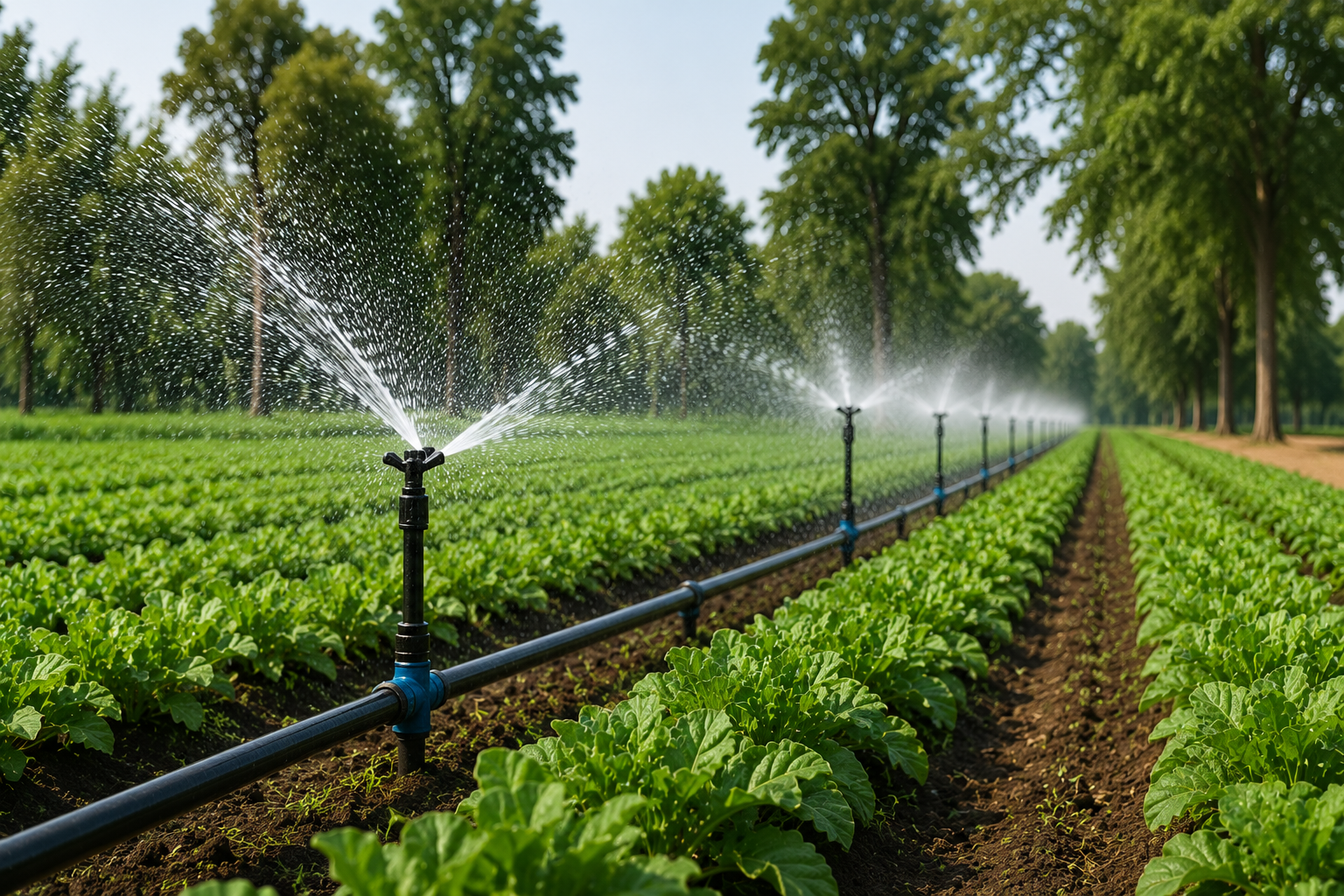 Efficient irrigation system providing controlled water distribution across vegetable crops.
