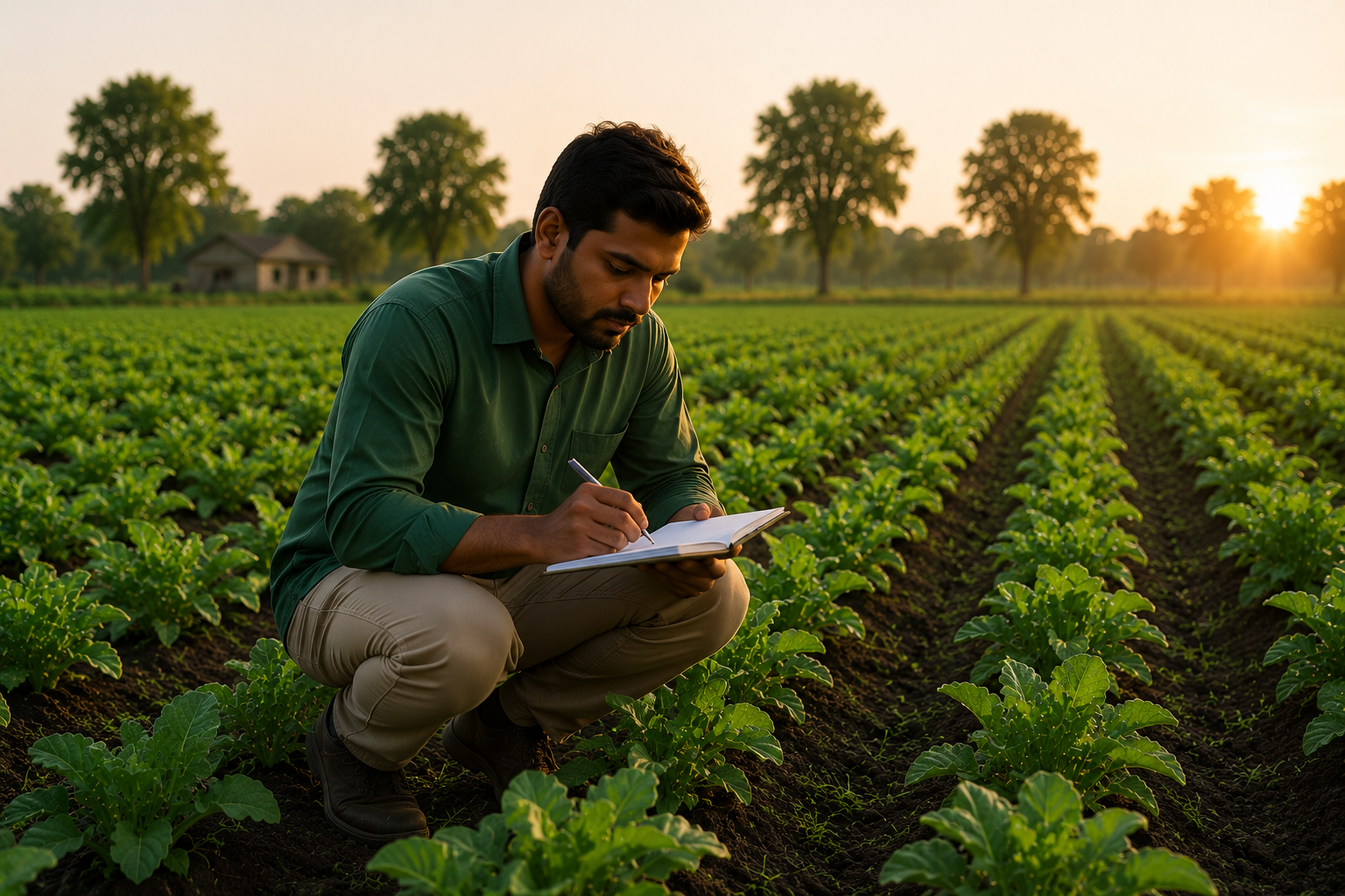 Farmer evaluating crop performance and recording field observations during farm inspection.
