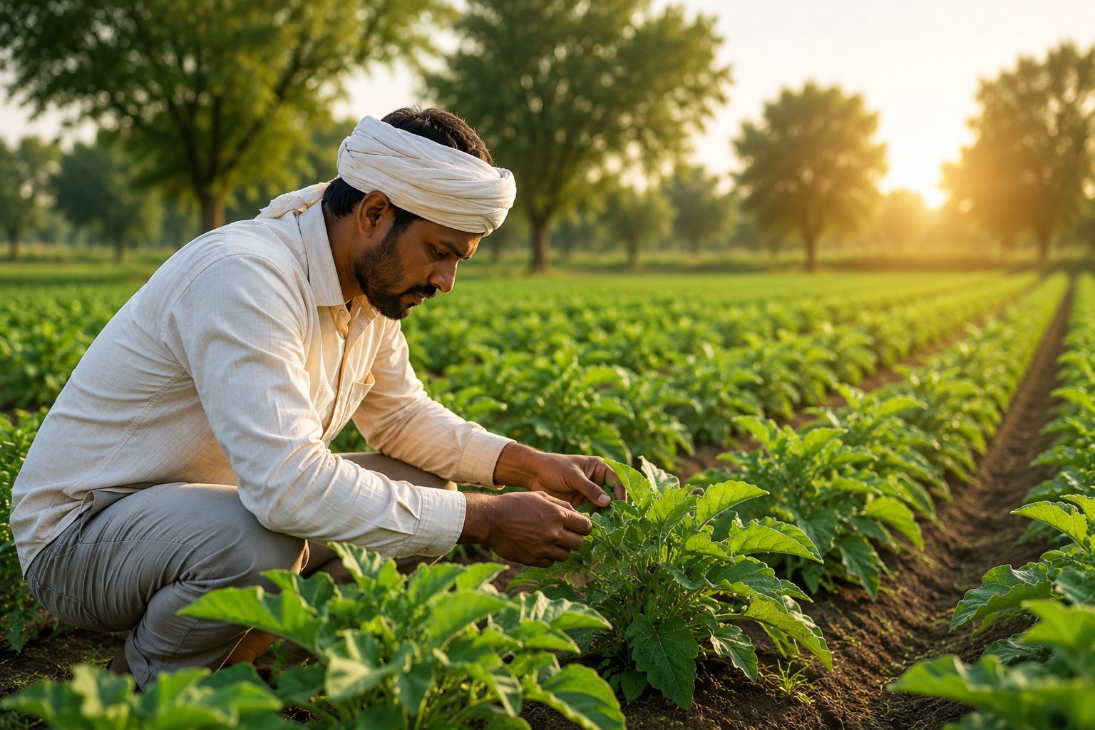 Experienced farmer inspecting healthy vegetable crops in the field at Nidhi Somal Farms.