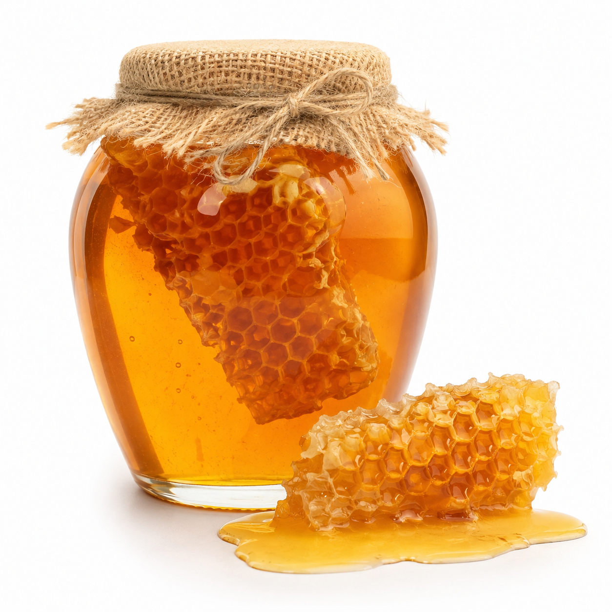 Pure Forest Honey Jar Glass jar of pure forest honey with natural honeycomb isolated on a white background.