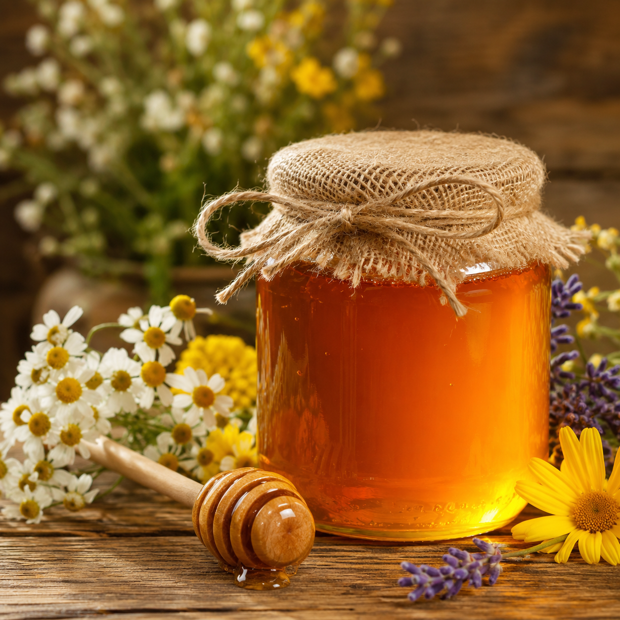 Rustic Honey Display with Wildflowers Glass jar of pure forest honey displayed on a rustic wooden table surrounded by fresh wildflowers in a natural outdoor setting.