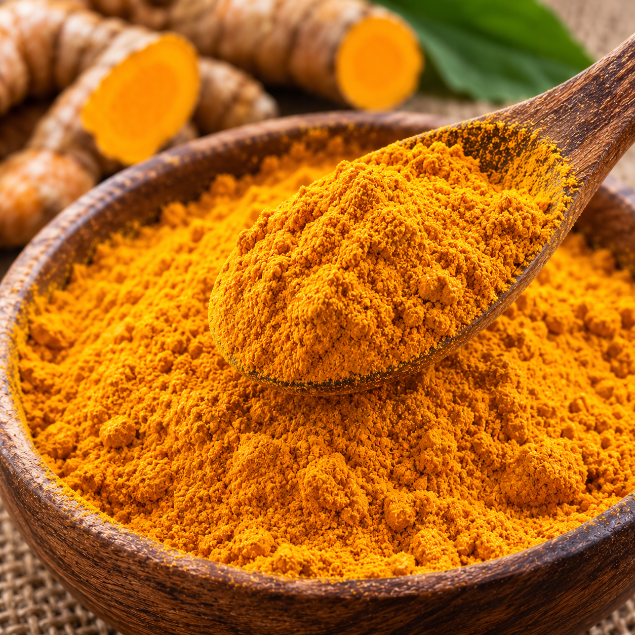 Fine Texture of Organic Turmeric Powder Close-up view of organic turmeric powder highlighting its fine texture, rich golden color, and premium-quality consistency.