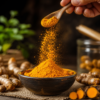 Organic Turmeric Powder Being Sprinkled Organic turmeric powder being gently sprinkled, highlighting its fine texture, vibrant golden color, and premium culinary quality.