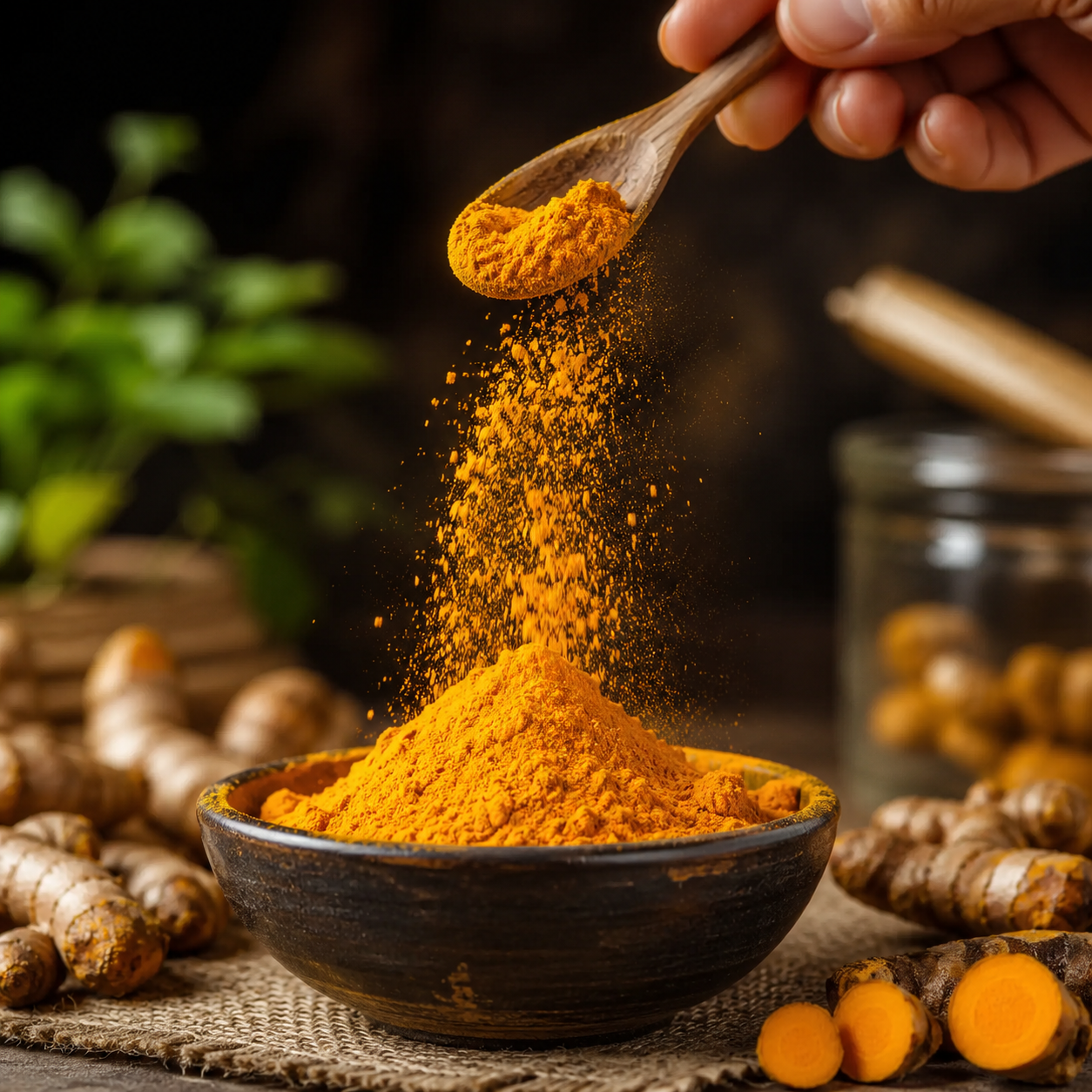 Organic Turmeric Powder Being Sprinkled Organic turmeric powder being gently sprinkled, highlighting its fine texture, vibrant golden color, and premium culinary quality.