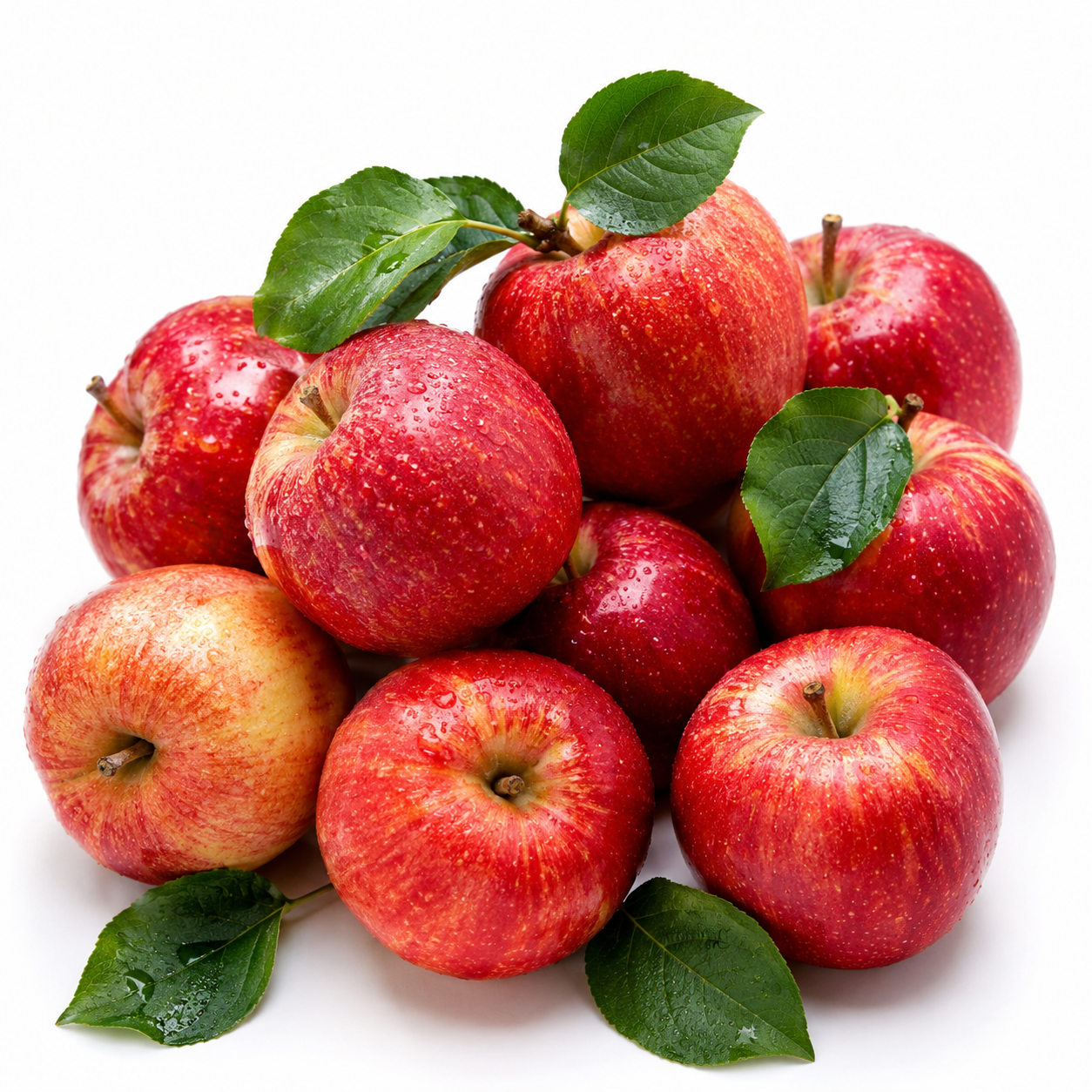 Fresh Harvest Red Apples with Green Leaves Group of freshly harvested red apples with natural green leaves, showcasing premium freshness and vibrant farm quality.