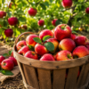 Farm Harvest Apples in a Rustic Basket Fresh red apples arranged in a rustic wooden basket, showcasing a traditional harvest setting and natural farm freshness.