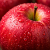 Fresh Red Apple with Natural Water Droplets Close-up of a fresh red apple covered with natural water droplets, highlighting its glossy skin and premium freshness.