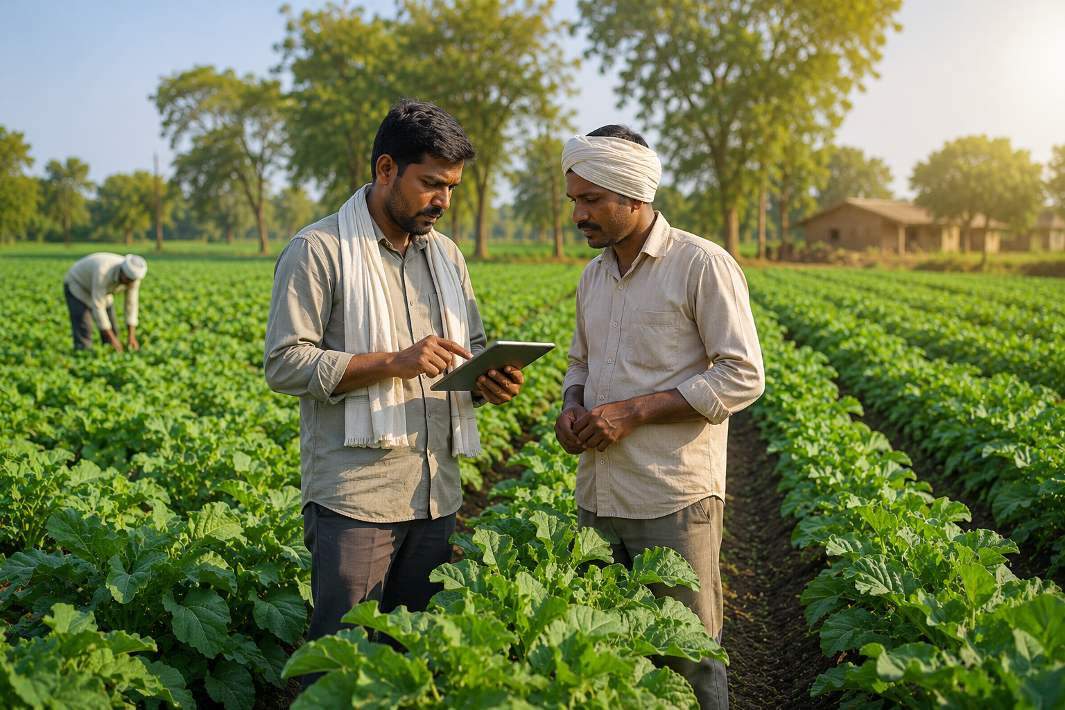 Farm production support team managing healthy vegetable crops through organized field operations.