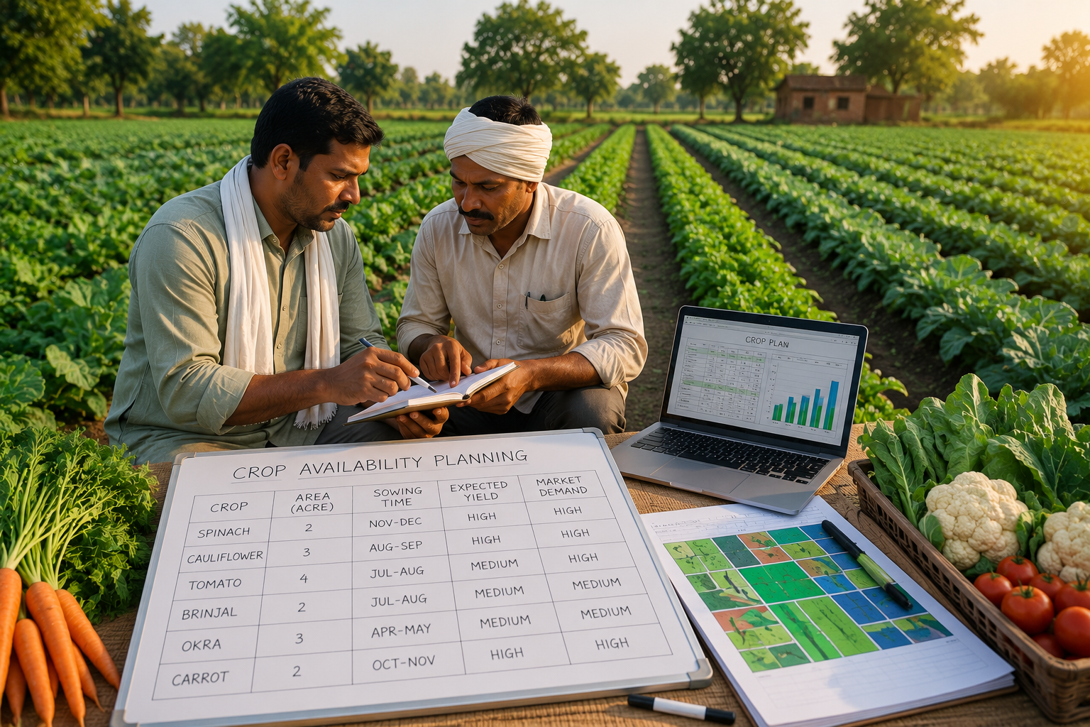 Seasonal crop availability planning with healthy vegetable cultivation in organized farm fields.