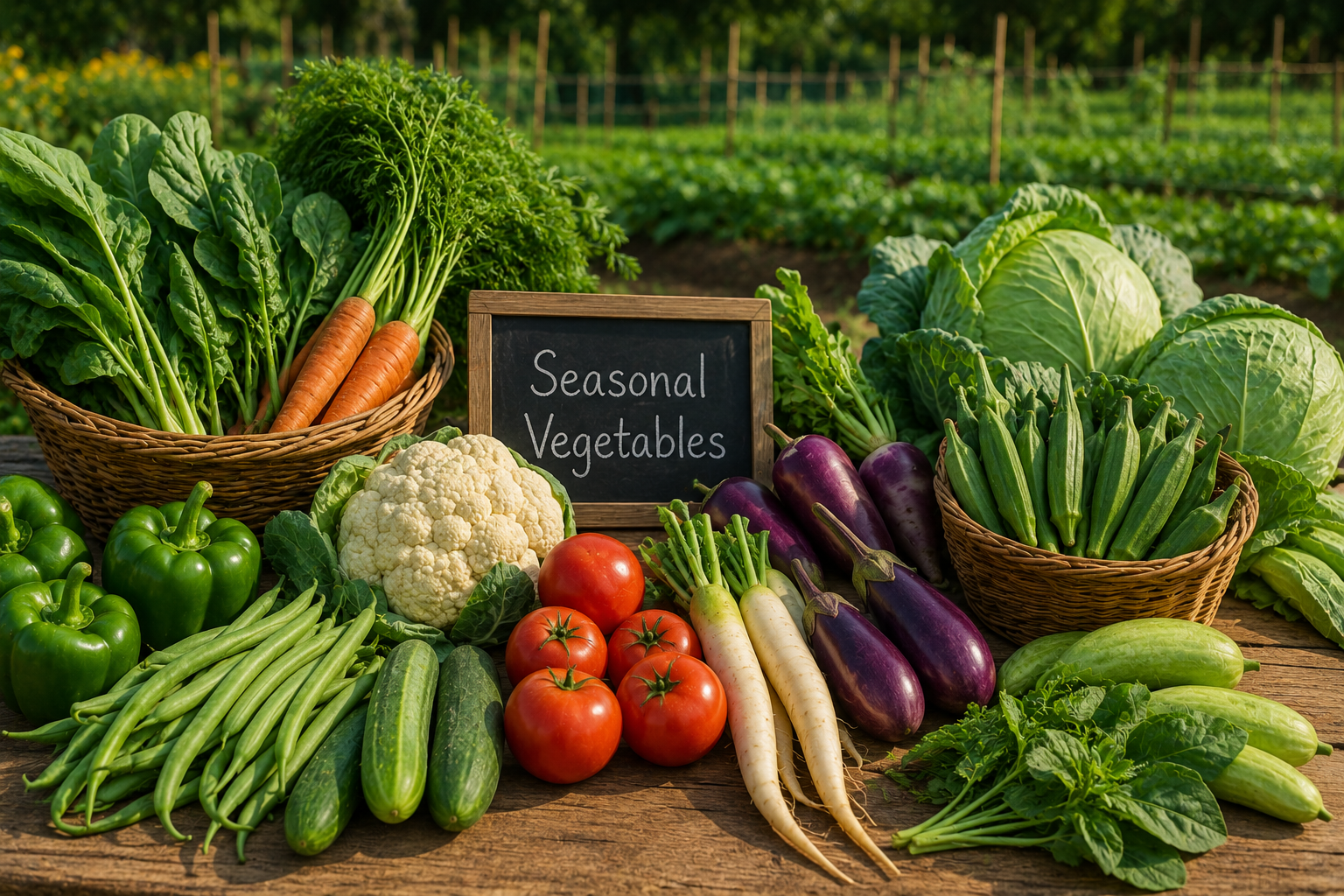 Fresh seasonal vegetables harvested from healthy farm fields at their natural growing period. Caption