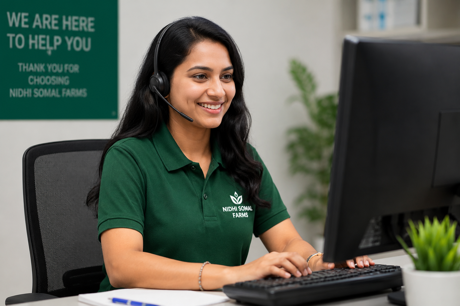 Friendly customer support representative assisting customers with farm product information and service inquiries.