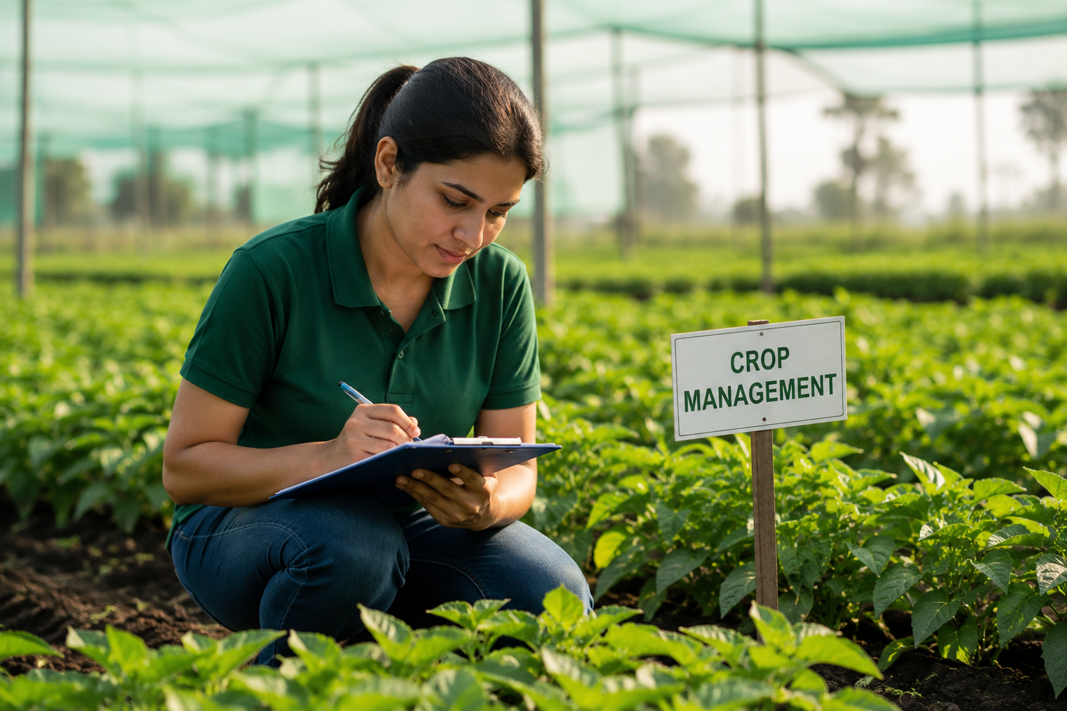 Agricultural professional monitoring crop growth and planning field management in a healthy vegetable farm.