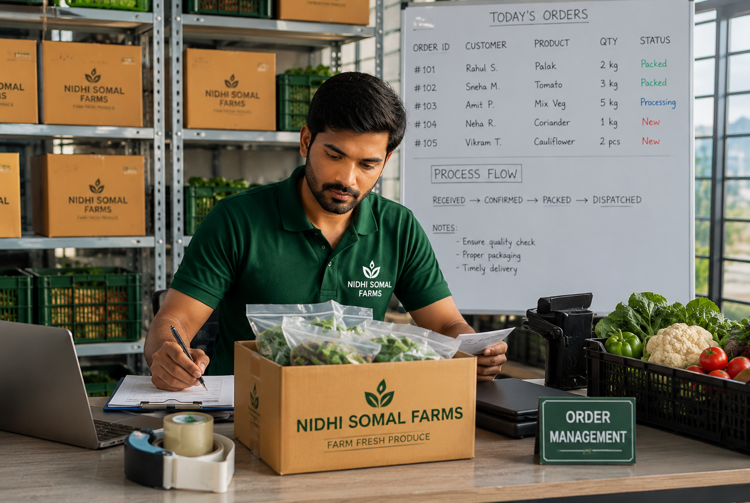 Farm staff managing customer orders, product packaging, and dispatch preparation in an organized workspace.