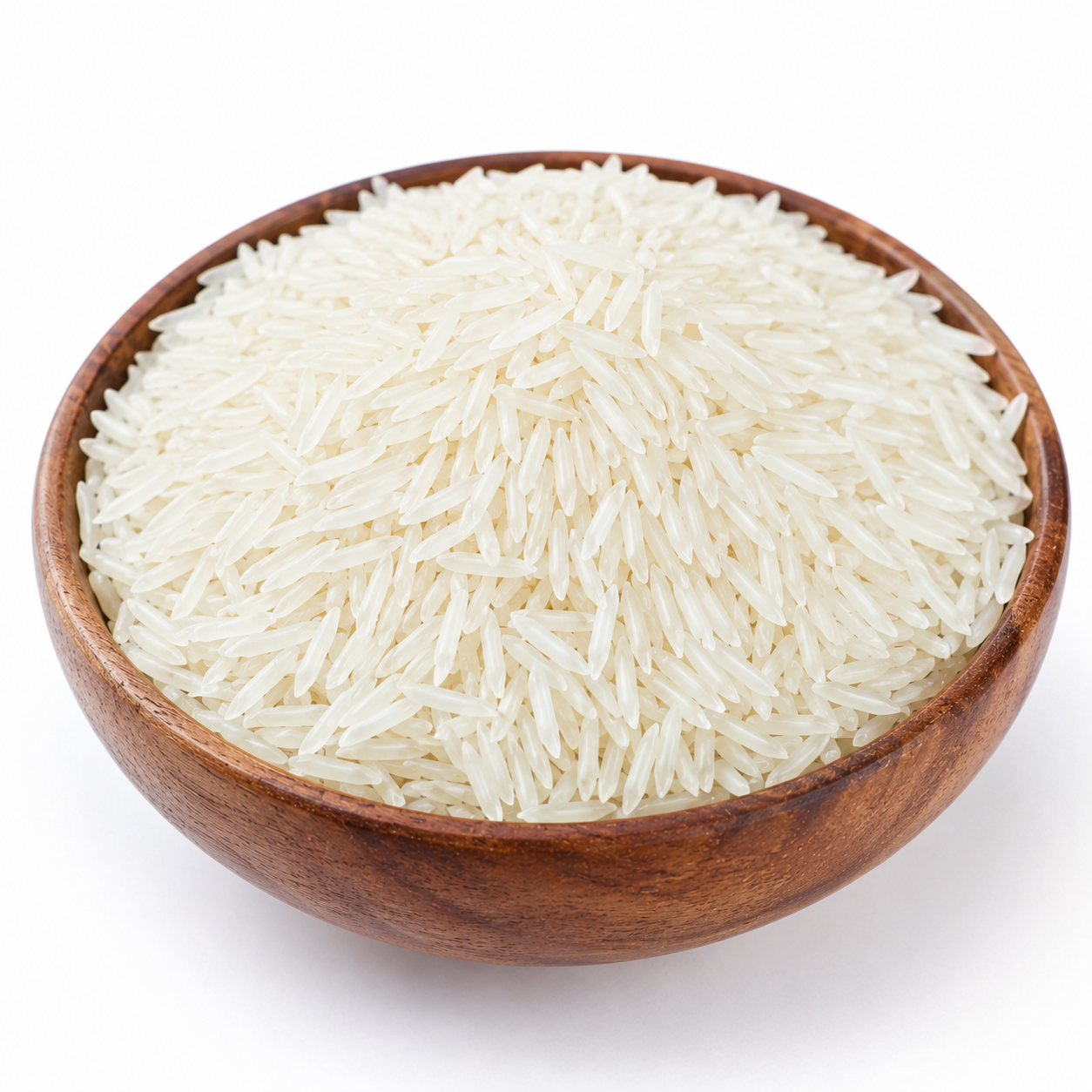Premium Farm-Fresh Long Grain Basmati Rice Premium Long Grain Raw Basmati Rice Displayed in a Traditional Wooden Bowl