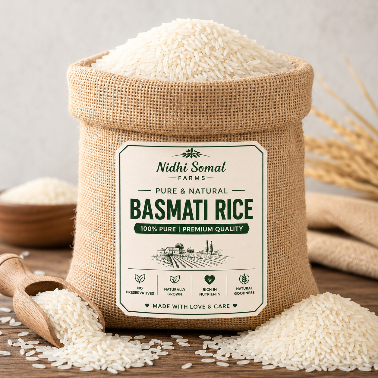 Freshly Harvested Premium Basmati Rice Premium Basmati Rice Flowing Naturally from a Traditional Jute Bag