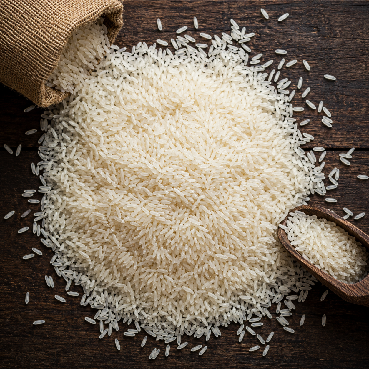 Premium Basmati Rice from a Top View Top View of Premium Long Grain Basmati Rice on a Wooden Surface