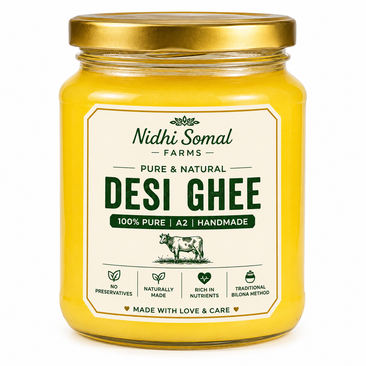 Premium Pure Cow Ghee Glass Jar Premium pure cow ghee in a transparent glass jar with a rich golden appearance on a white background