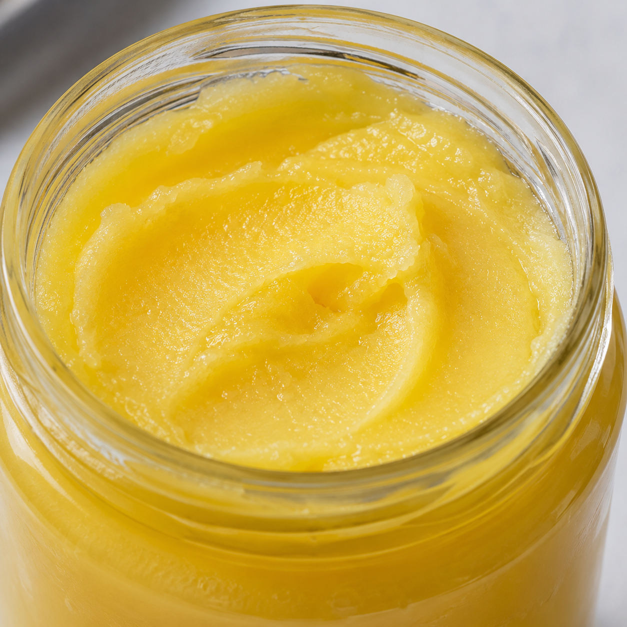 Rich Creamy Pure Cow Ghee Close-up view of premium pure cow ghee highlighting its rich creamy texture in a glass jar