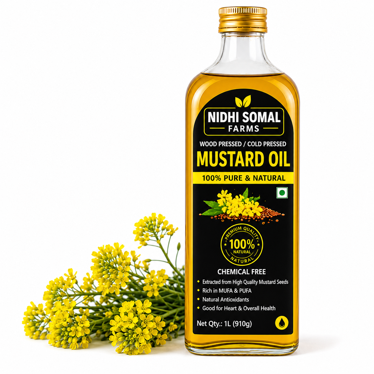 Authentic Wood Pressed Mustard Oil in Premium Glass Bottle Premium glass bottle of authentic cold pressed mustard oil displayed on a clean white background with natural golden colour