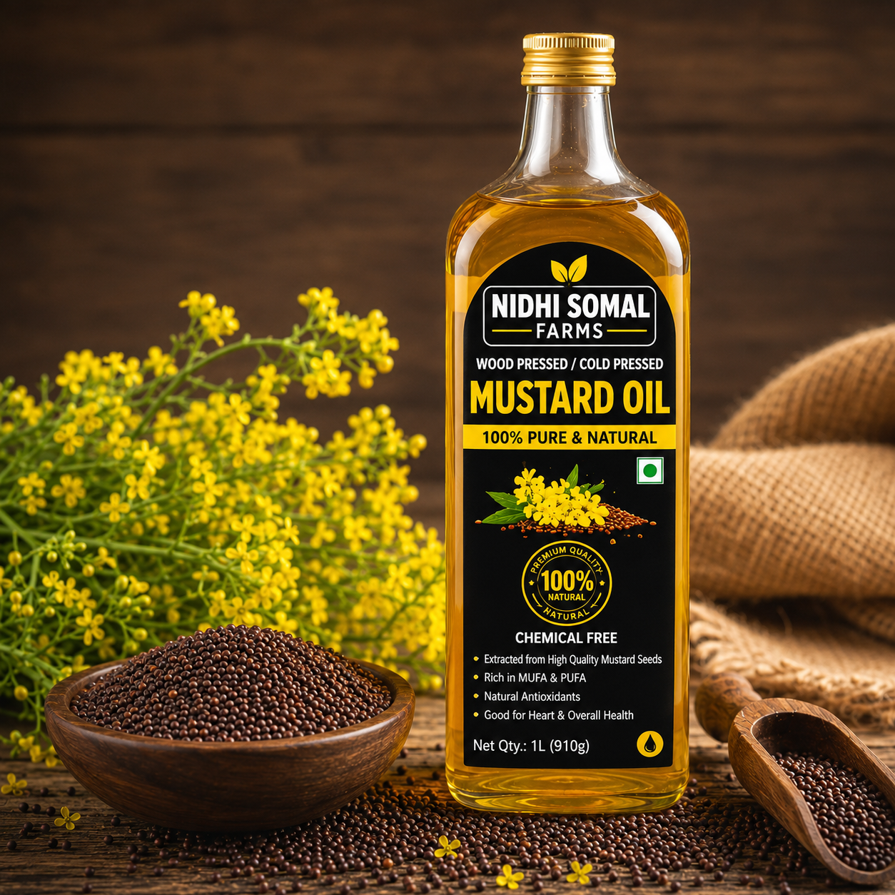 Freshly Poured Cold Pressed Mustard Oil | Nidhi Somal Farms Golden cold pressed mustard oil being poured into a small bowl from a premium glass bottle