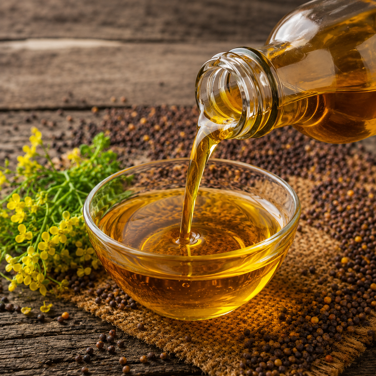 Cold Pressed Mustard Oil with Mustard Seeds Premium mustard oil bottle displayed with fresh mustard seeds on a rustic wooden background