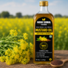 Natural Farm Fresh Cold Pressed Mustard Oil Premium cold pressed mustard oil bottle surrounded by fresh yellow mustard flowers