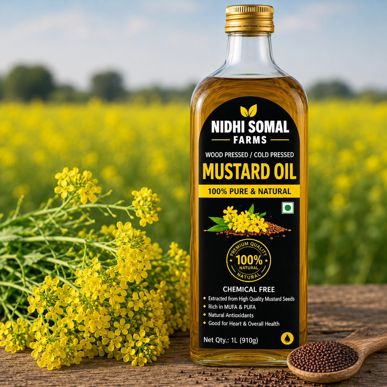 Natural Farm Fresh Cold Pressed Mustard Oil Premium cold pressed mustard oil bottle surrounded by fresh yellow mustard flowers