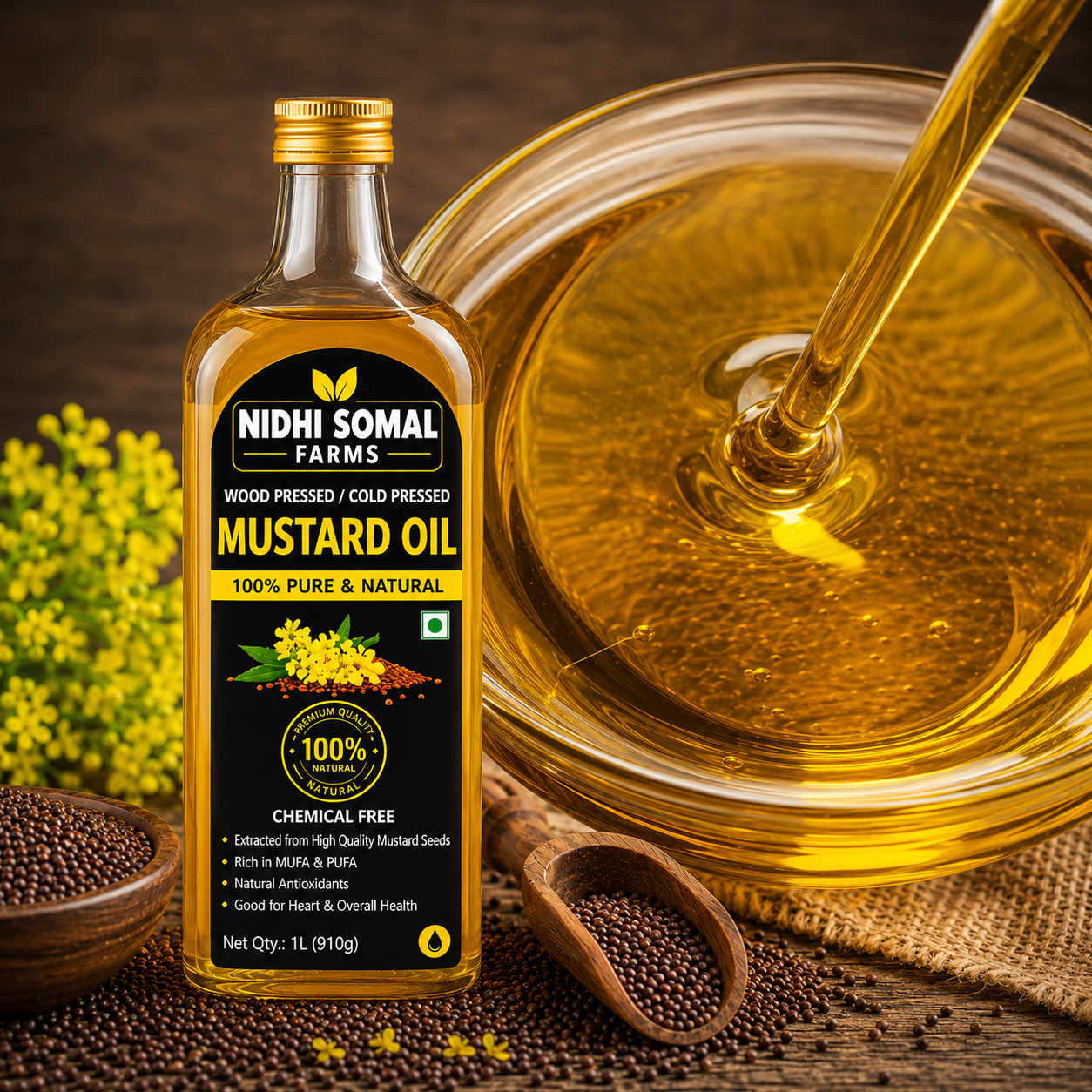 Pure Golden Mustard Oil Texture Close-Up Macro view of pure cold pressed mustard oil showing its clear golden texture
