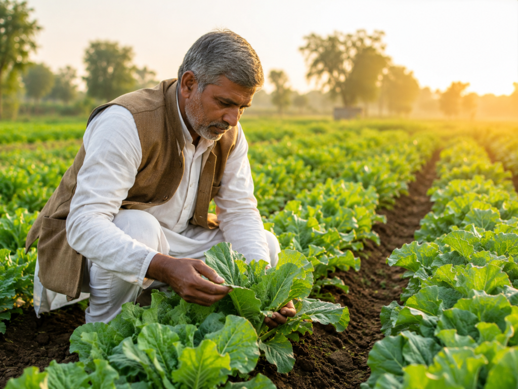 Experienced farmer inspecting healthy organic vegetable crops in a sustainable farm during sunrise