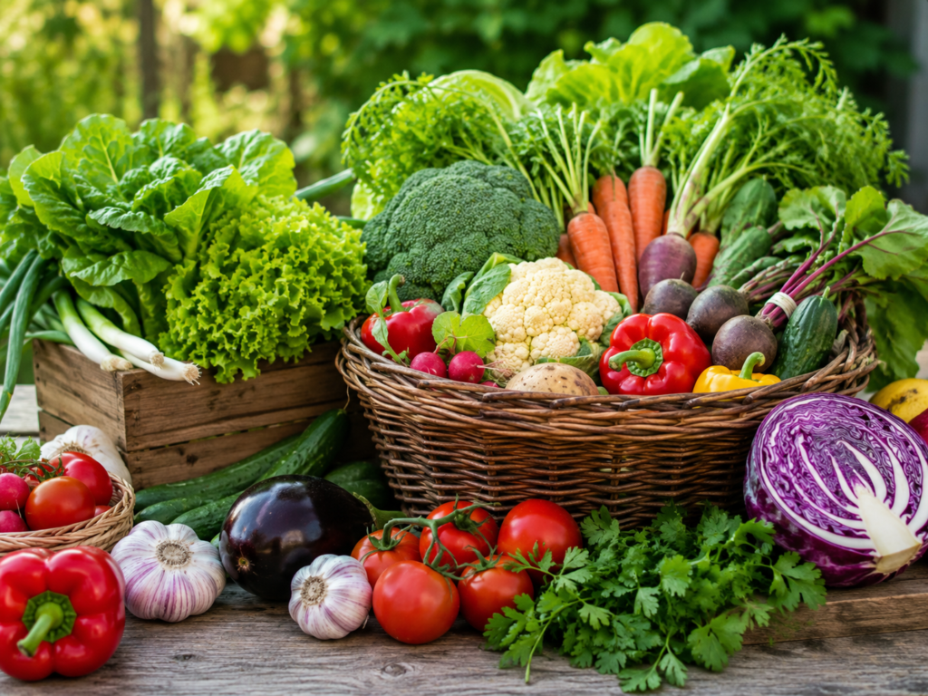 Fresh organic vegetables harvested naturally and arranged in rustic wooden baskets on a farm table