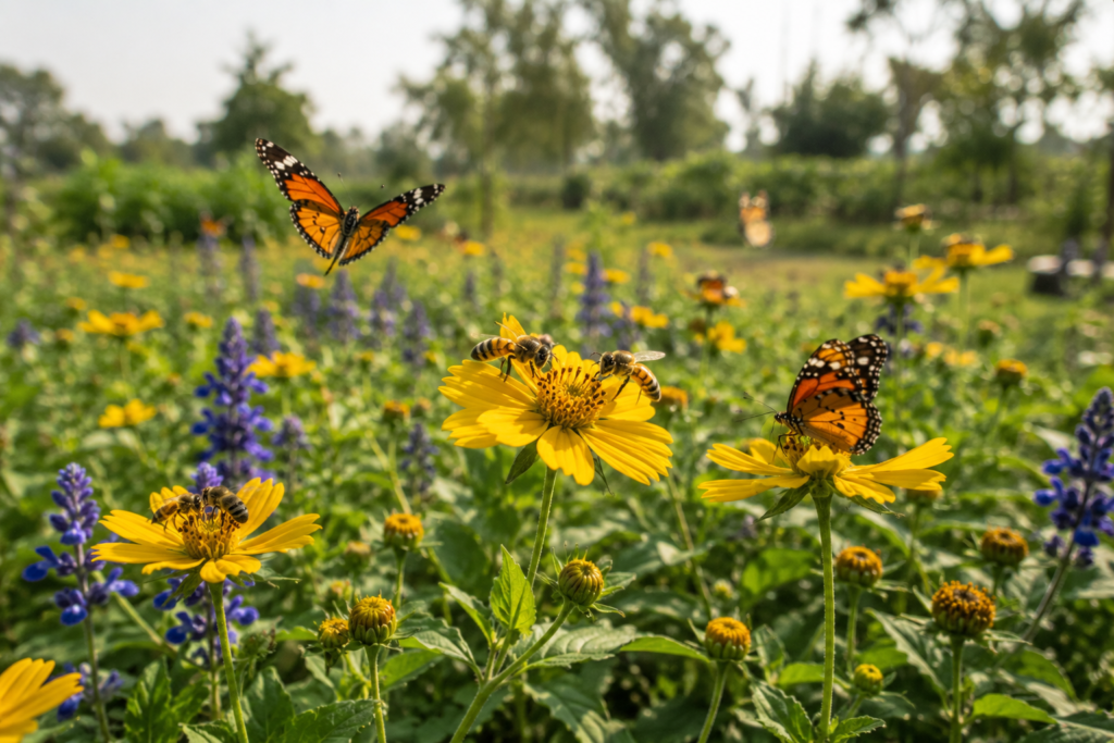 Honeybees and butterflies supporting biodiversity in a healthy organic farming ecosystem