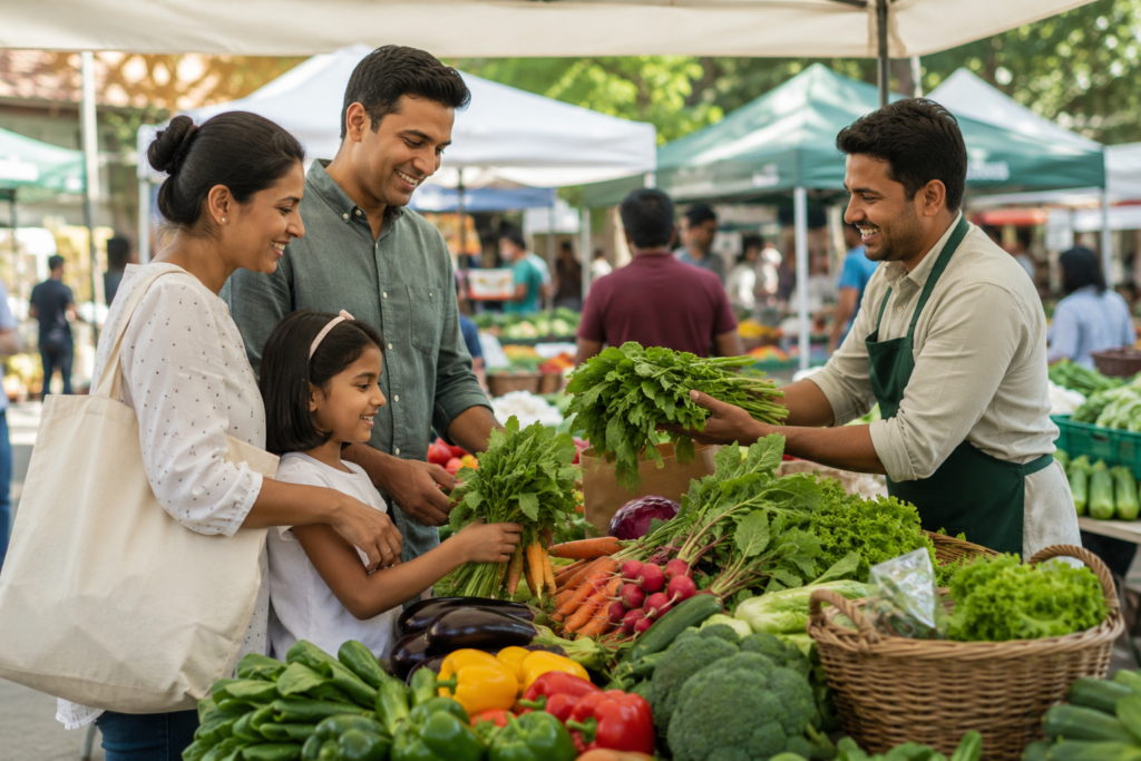 Family choosing fresh organic vegetables from a local farmers market