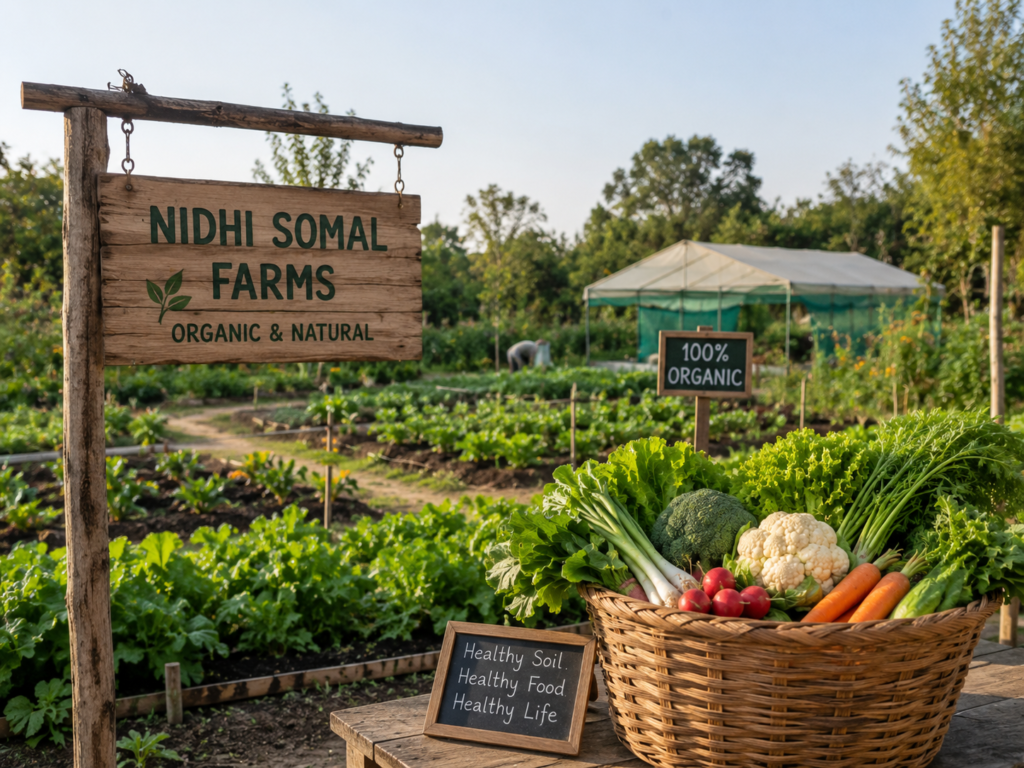 Freshly harvested organic vegetables displayed beside a clean and sustainable farm at Nidhi Somal Farms