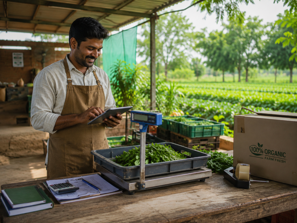 Organic farmer recording freshly harvested produce at a digital weighing station on a sustainable farm