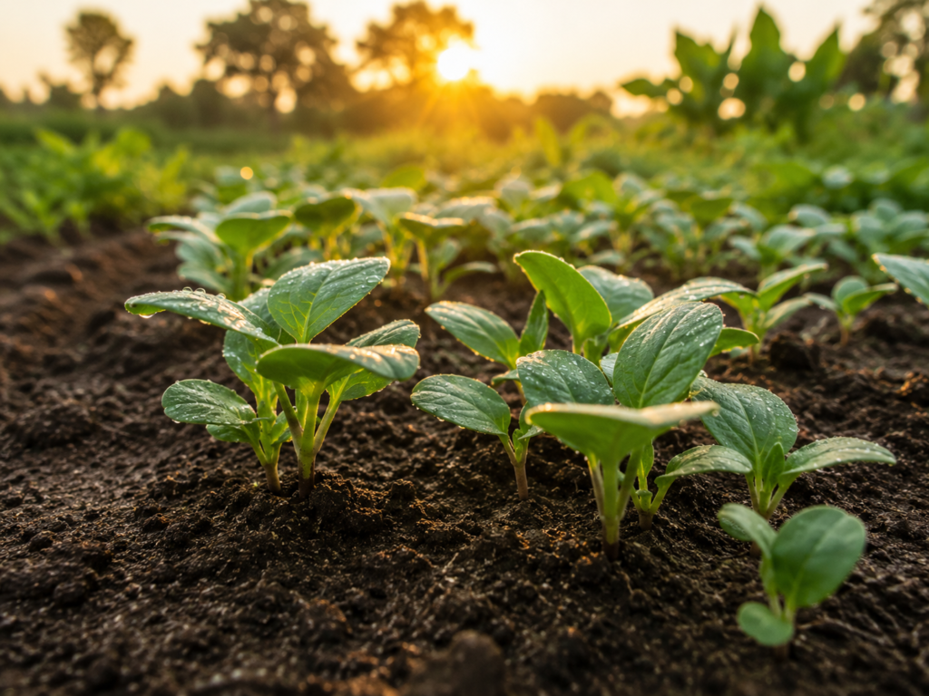 Young organic vegetable seedlings growing in fertile soil with fresh morning dew at sunrise
