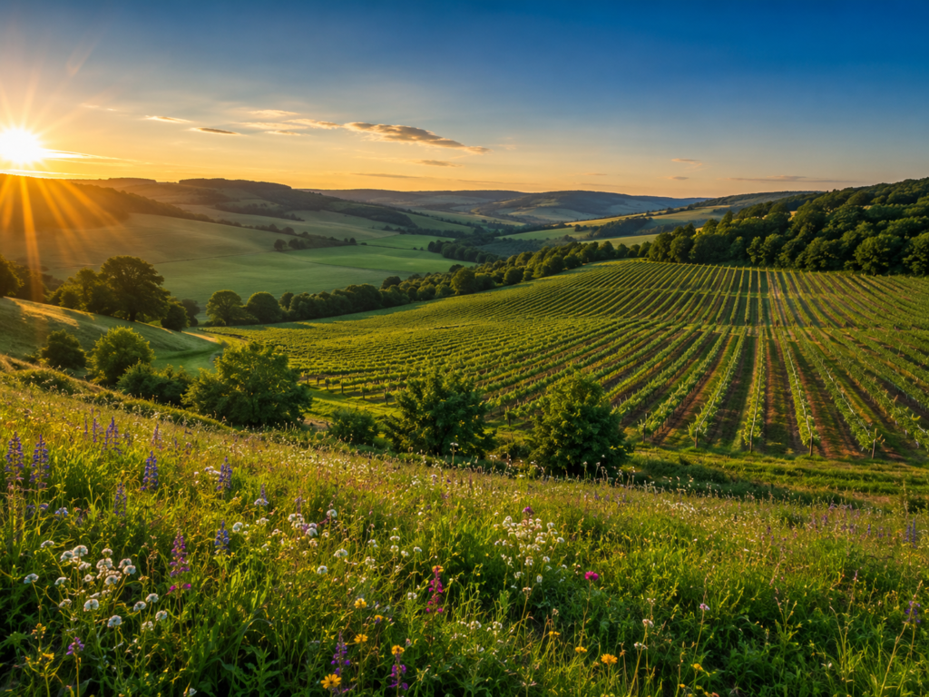 Panoramic view of a sustainable organic farm surrounded by lush green countryside at sunrise
