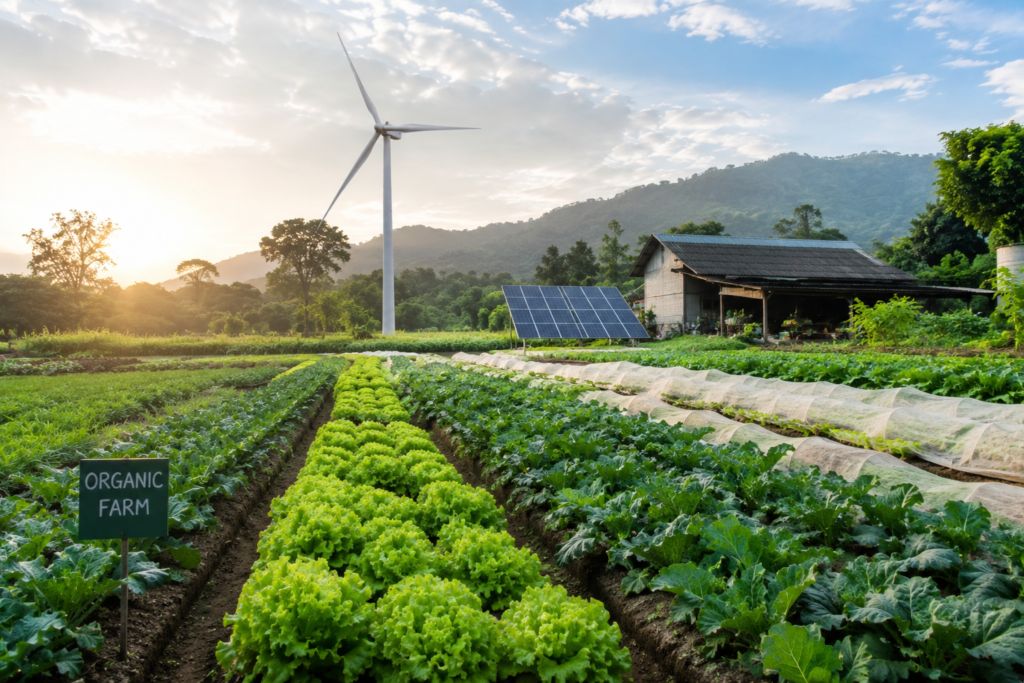 Eco-friendly drip irrigation system watering healthy organic vegetable crops in a sustainable farm